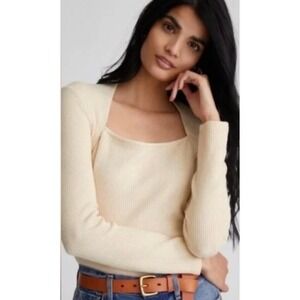 Anthropologie Ivory‎ Ribbed Knit Top Small NWT Square Neck Faux Bolero Stretch